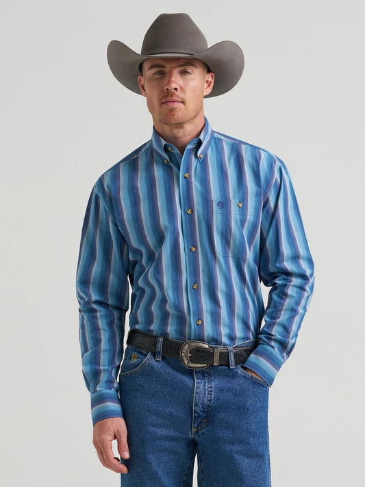 WRANGLER GEORGE STRAIT BLUE STRIPE - MENS SHIRT - 112385362🤠