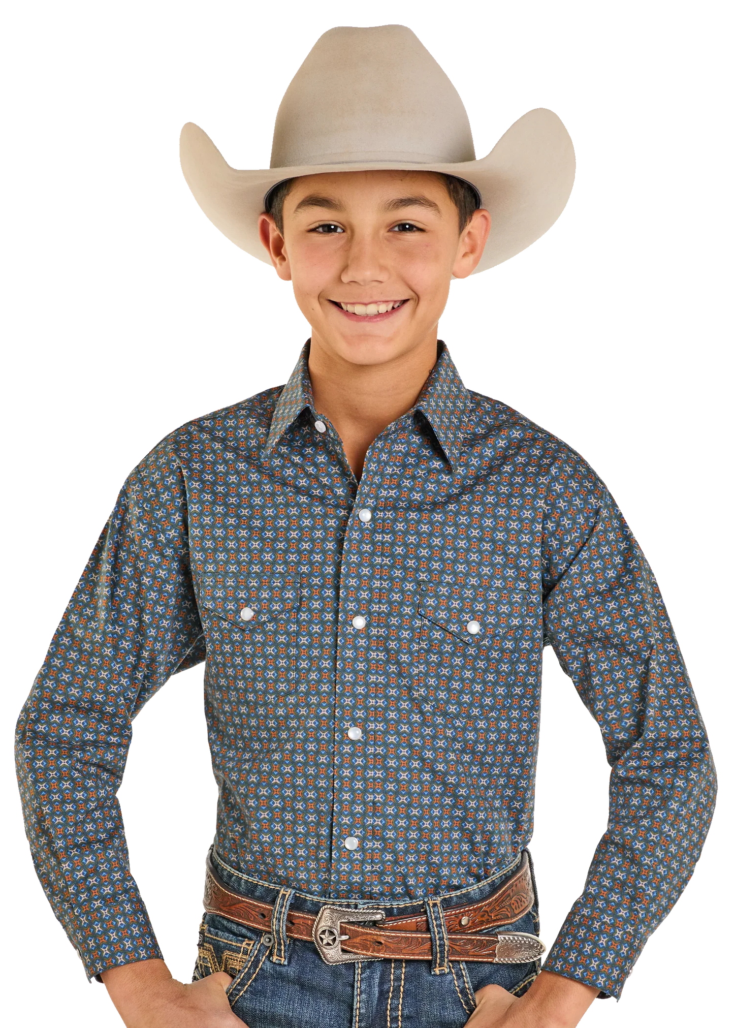BOYS' ROUGH STOCK VINTAGE DIAMOND PRINT LONG SLEEVE SNAP SHIRT