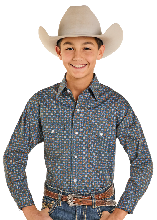 BOYS' ROUGH STOCK VINTAGE DIAMOND PRINT LONG SLEEVE SNAP SHIRT