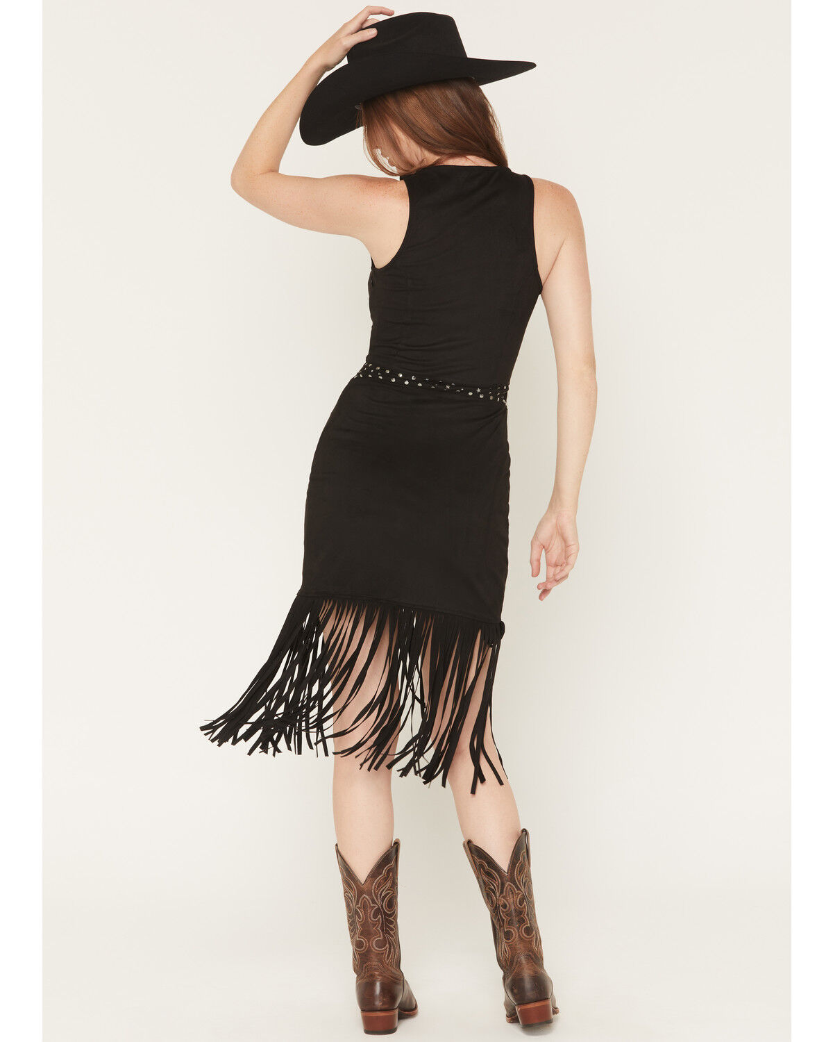 ROCK & ROLL DENIM WOMEN'S FAUX SUEDE FRINGE BELTED SLEEVELESS MIDI DRESS