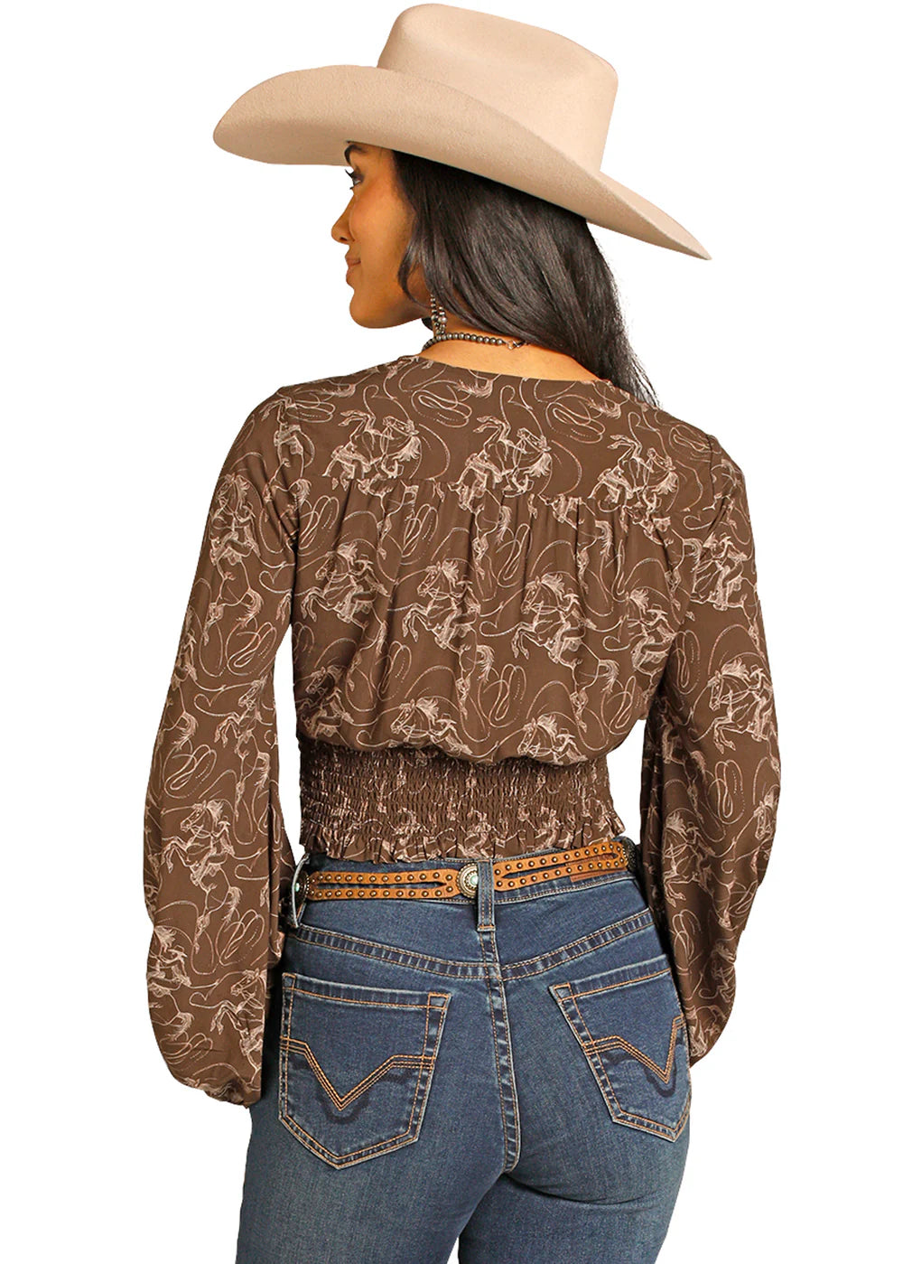 ROCK & ROLL WOMENS FLORAL HORSESHOE BROWN BLOUSE