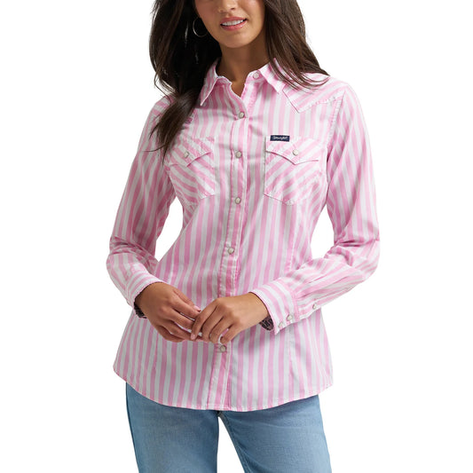 Wrangler Ladies Retro Western Pink Stripe Snap Dress Shirt 112374850