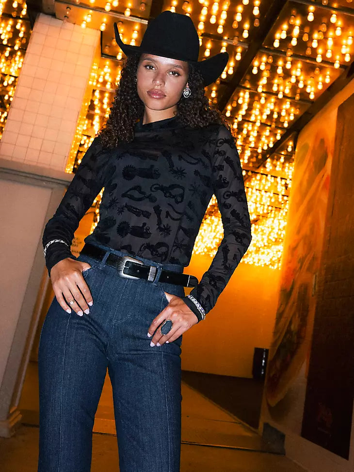 WOMEN'S WRANGLER SHEER MOCK NECK TOP