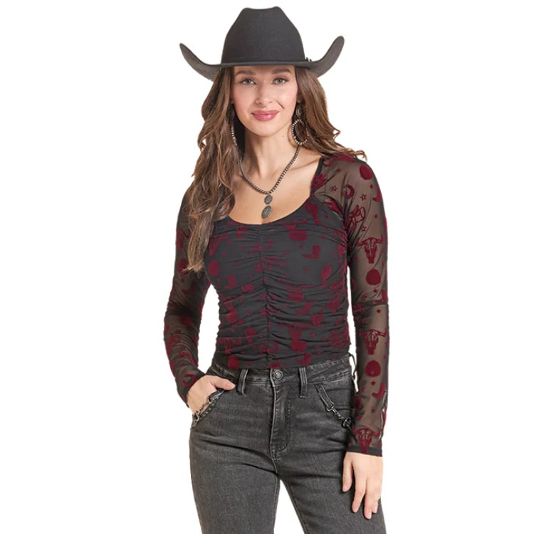 Rock & Roll Women’s Red Burnout Velvet Mesh Top