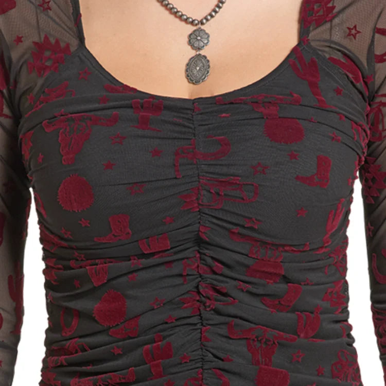 Rock & Roll Women’s Red Burnout Velvet Mesh Top