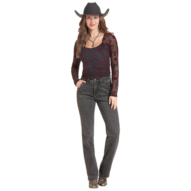Rock & Roll Women’s Red Burnout Velvet Mesh Top