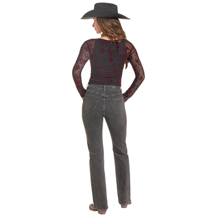 Rock & Roll Women’s Red Burnout Velvet Mesh Top