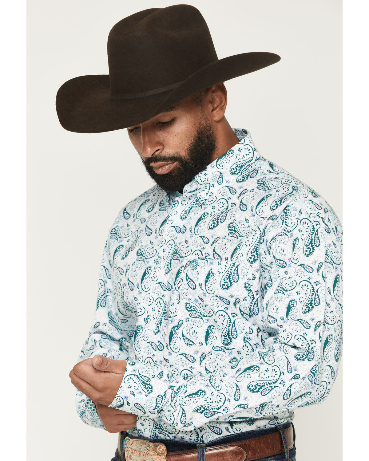 GEORGE STRAIT BY WRANGLER MEN'S PAISLEY PRINT LONG SLEEVE BUTTON-DOWN STRETCH WESTERN SHIRT 👕