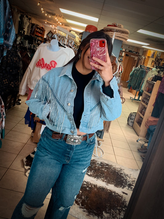 Light Wash Denim Jacket W/ Rhinestone fringe