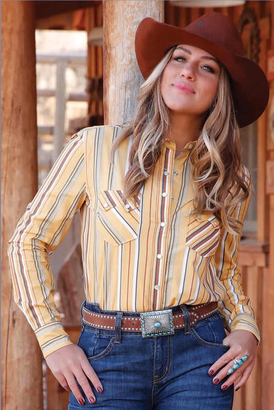 Cruel Denim Women's Yellow Stripe Pearl Snap Shirt