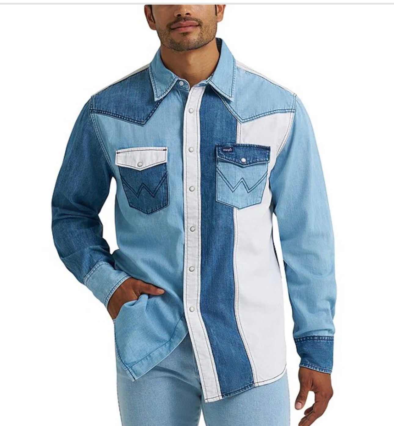 Wrangler® Long Sleeve Color Block Denim Western Shirt