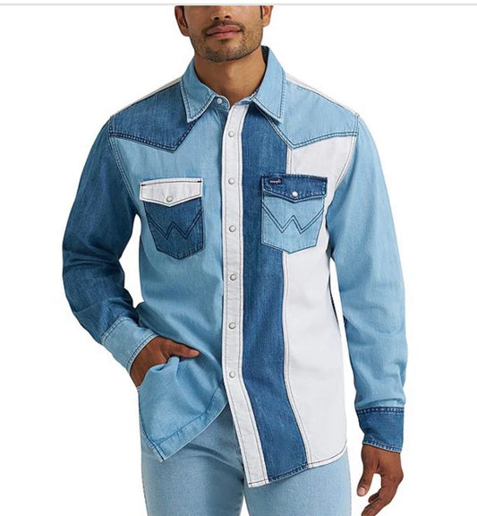 Wrangler® Long Sleeve Color Block Denim Western Shirt