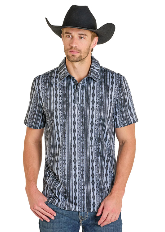 R&R Men’s Blue Charcoal Aztec Polo☑️