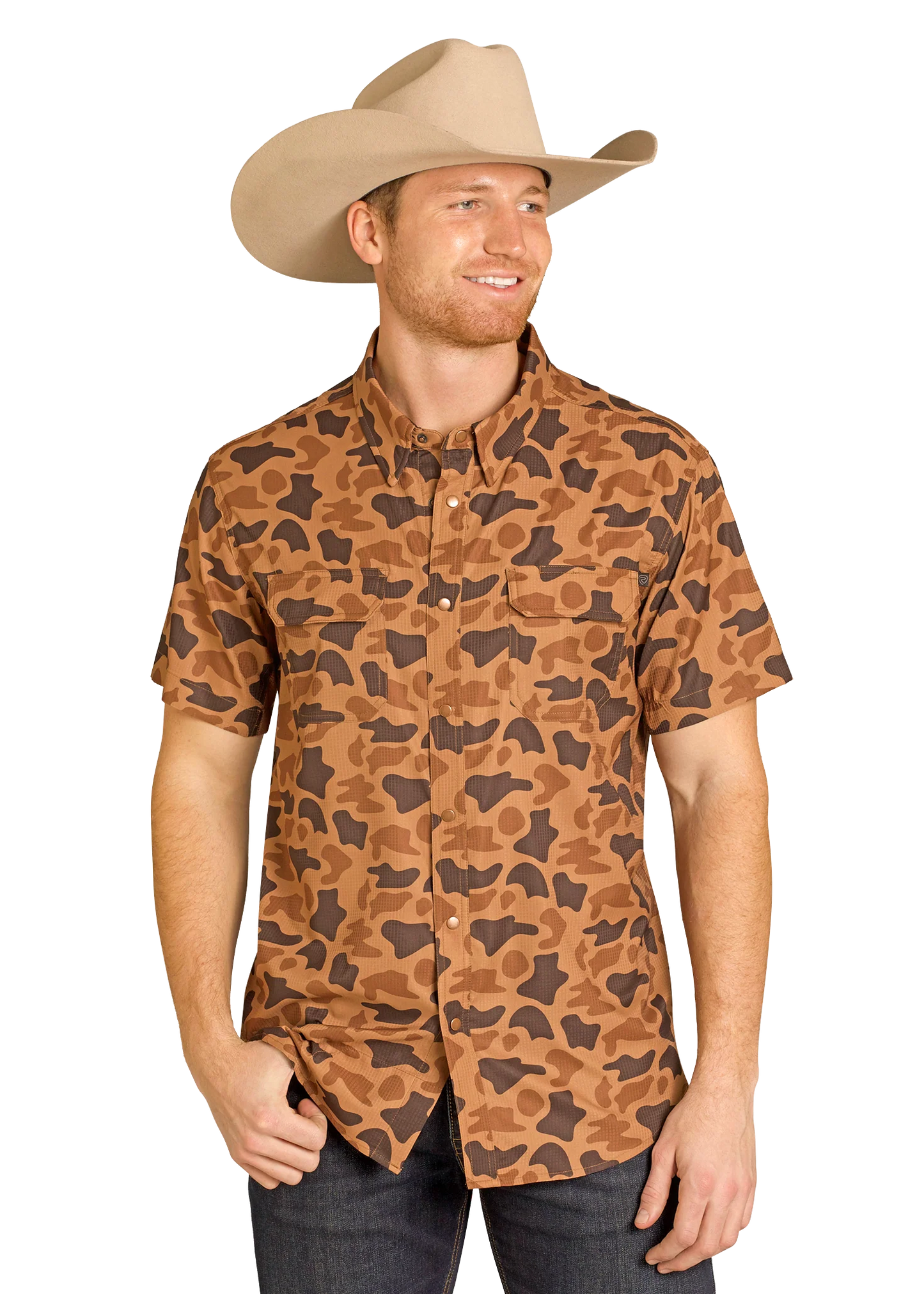 Rock & Roll Denim BMN3S07674 Mens Camo Print Short Sleeve Snap Shirt Copper