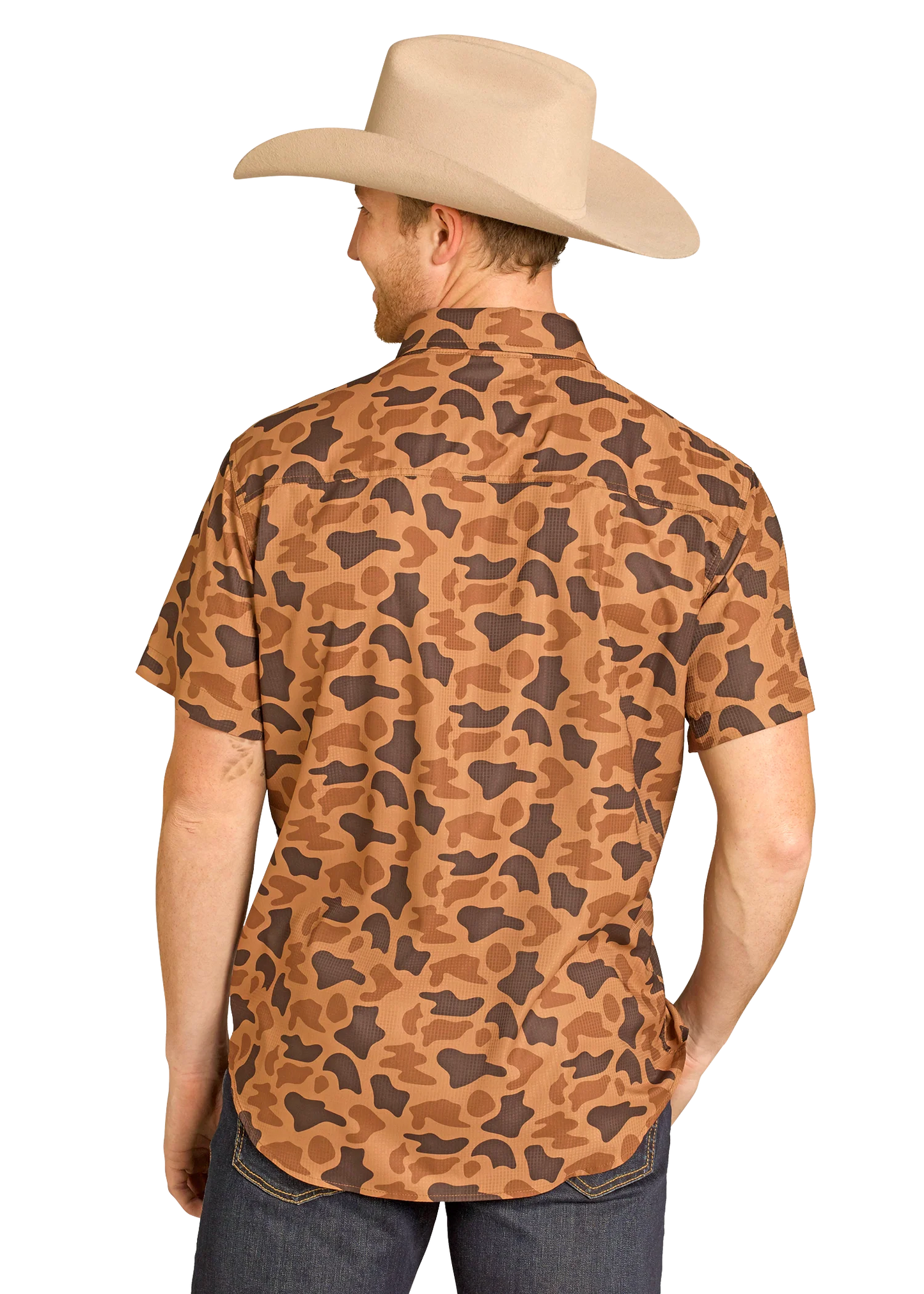 Rock & Roll Denim BMN3S07674 Mens Camo Print Short Sleeve Snap Shirt Copper