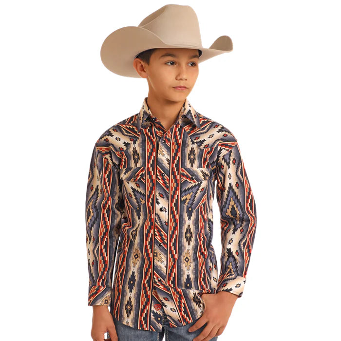 Rock & Roll Boy's Southwestern Print Burgundy Snap Shirt BBN2S05462✅
