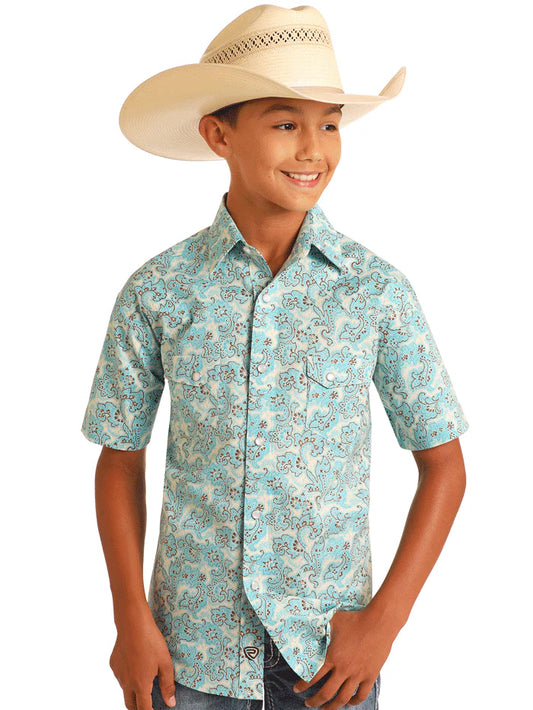 Rock & Roll Denim BBN3S05850 Kids Short Sleeve Paisley Print Western Shirt Turquoise✅