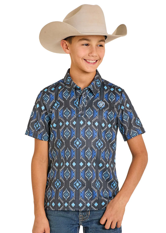 ROCK & ROLL BOYS' BLUE DIAMOND AZTEC POLO✅