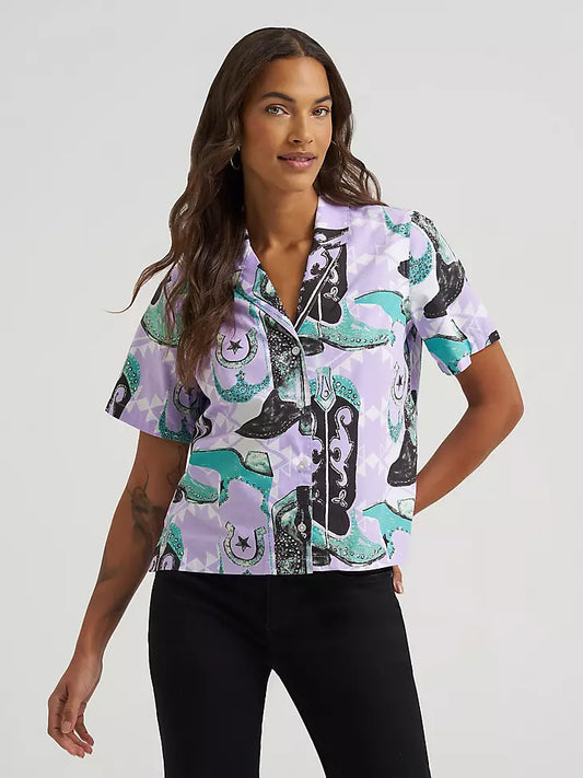 Wrangler Retro Women's Purple Cowgirl Western Print Button Short Sleeve Camp Shirt 112375109