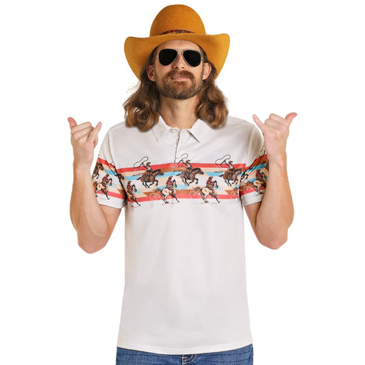 Rock & Roll Cowboy Men's Novelty Border Print Natural Polo