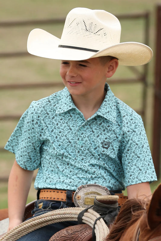 BOYS CINCH TEAL WESTERN PRINT POLO✅
