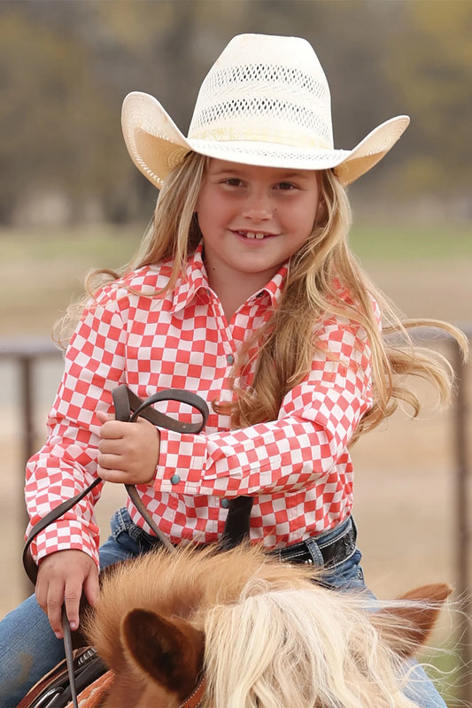 CRUEL GIRL'S CHECKERED CORAL LONG SLEEVE SHIRT CTW3371001
