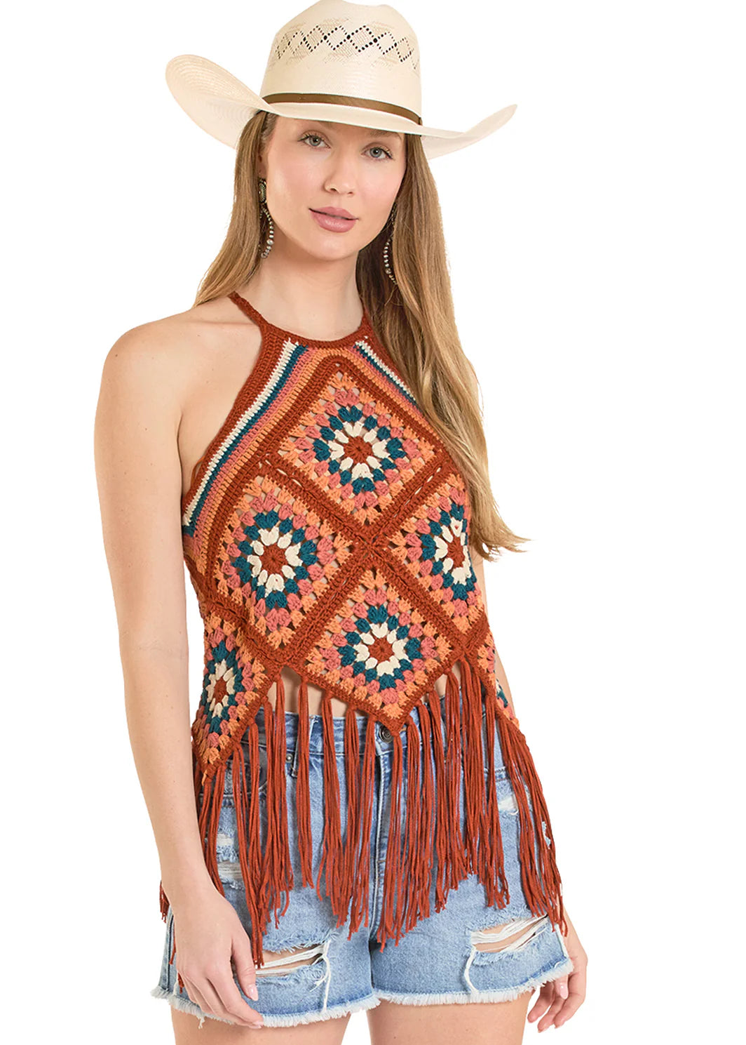 Rock & Roll Ladies Rust Crochet Halter Top