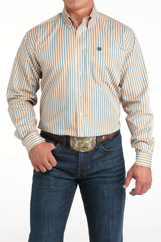 MENS CINCH TENCEL CREAM STRIPE PRINT L/S
