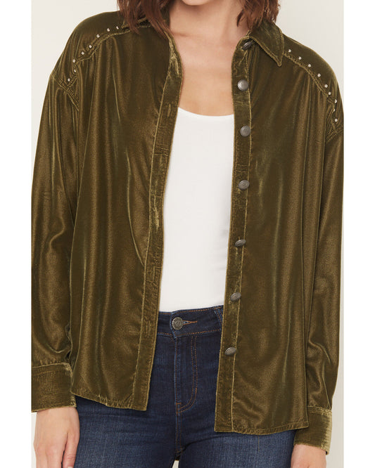 ROCK & ROLL DENIM WOMEN'S OVERSIZED STUDDED OLIVE VELVET CONCHO BUTTON SHIRT