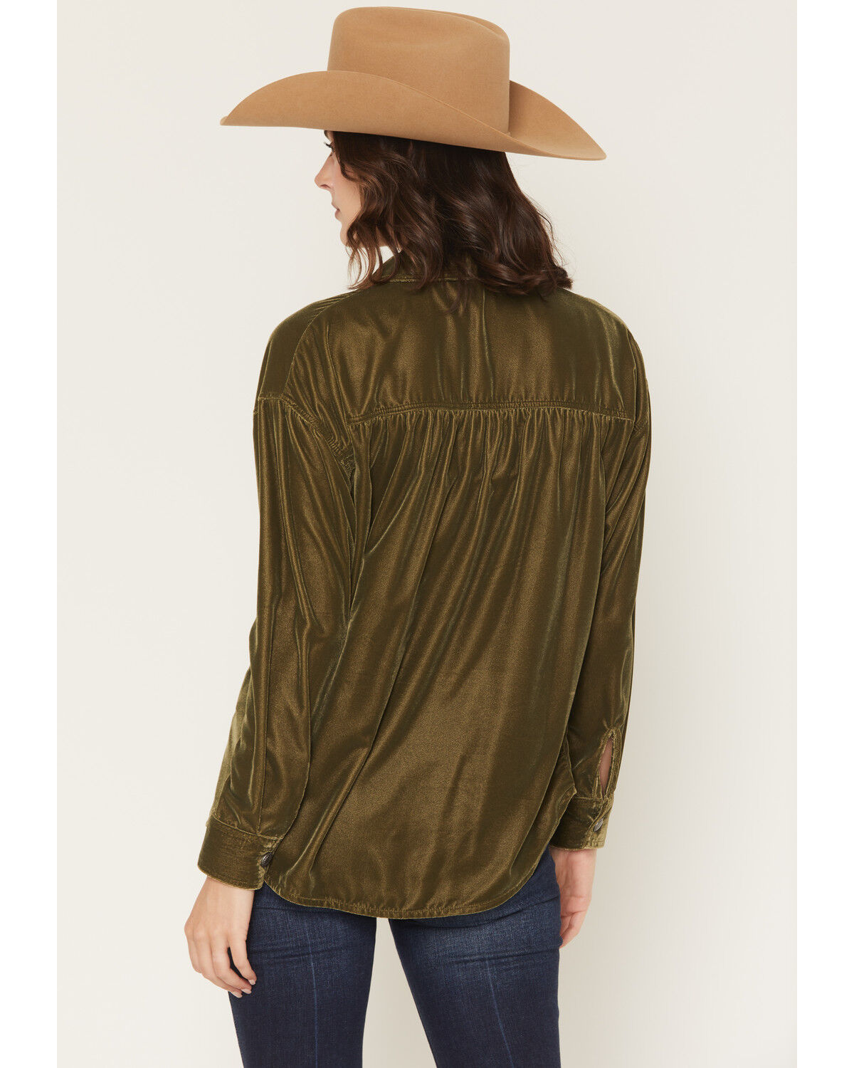 ROCK & ROLL DENIM WOMEN'S OVERSIZED STUDDED OLIVE VELVET CONCHO BUTTON SHIRT