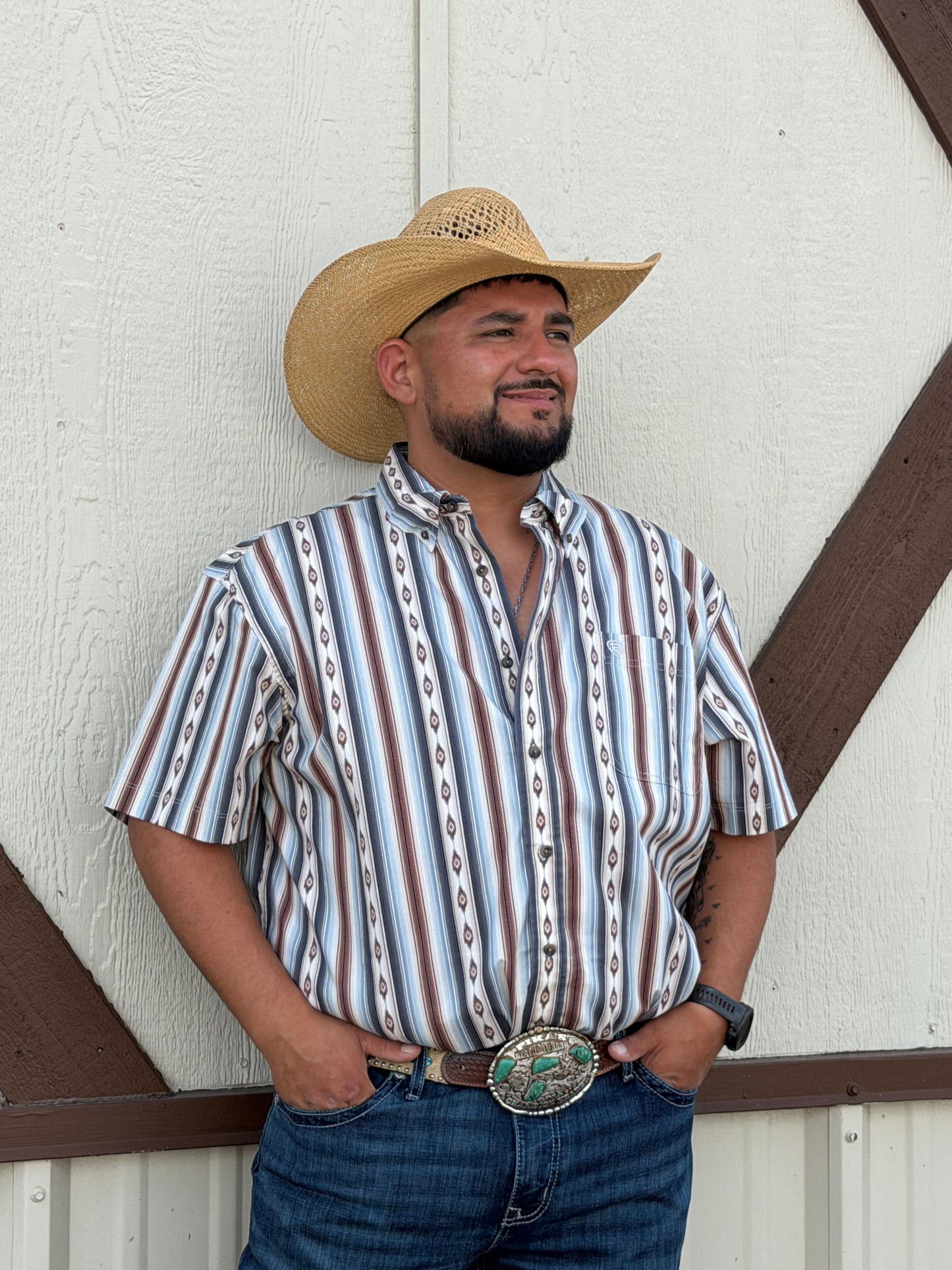ROCK & ROLL MEN’S SERAPE STRIPE PRINTED DARK BROWN SHORT SLEEVE SHIRT🤠