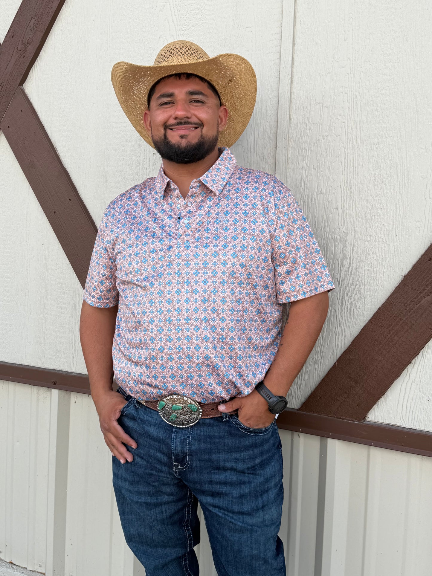 Panhandle Slim Beige and turquoise flower Polo☑️