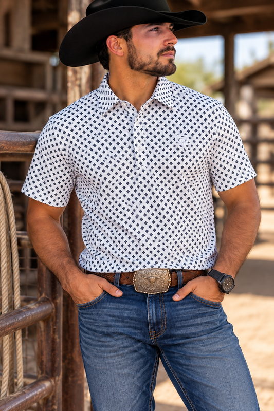 Rock & Roll Denim Men’s Micro Geo Natural Print Polo Shirt 🤠