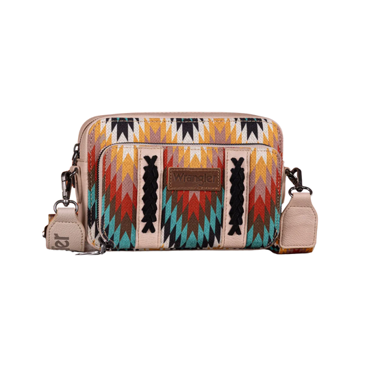WG2211-3003 Wrangler Southwestern Pattern Dual Sided Print Crossbody Purse With Wallet Compartment - Tan