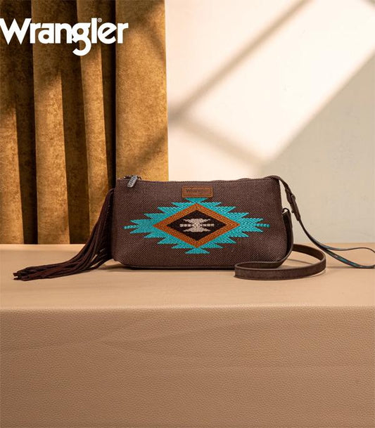 WG259-1834 Wrangler Embroidered Aztec Canvas Wristlet/Crossbody- Coffee