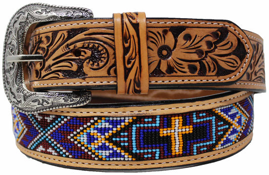 Men's Tapered Floral Tooled Beaded Belt