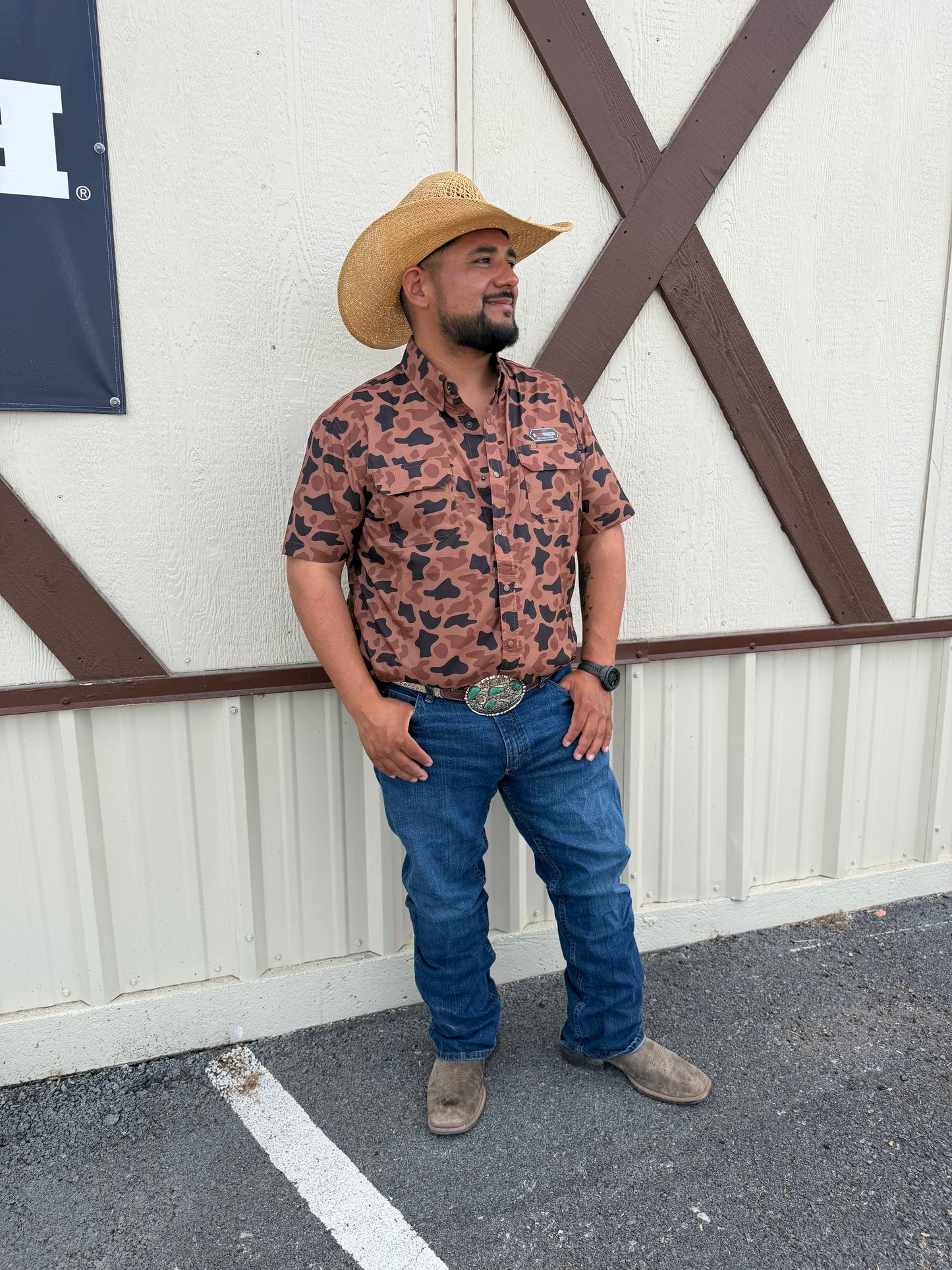 Rock & Roll Denim BMN3S07674 Mens Camo Print Short Sleeve Snap Shirt Copper 🤠