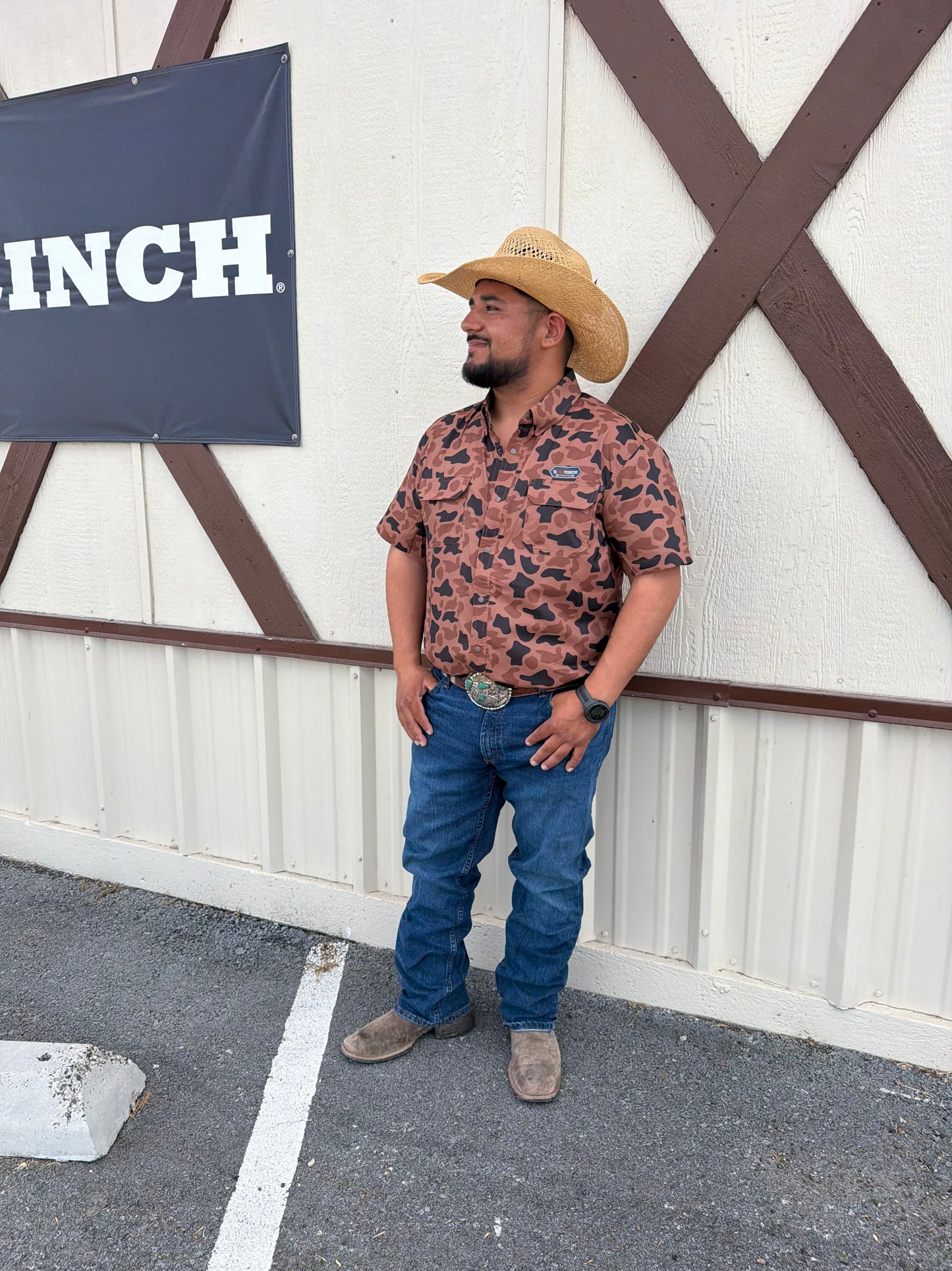 Rock & Roll Denim BMN3S07674 Mens Camo Print Short Sleeve Snap Shirt Copper 🤠