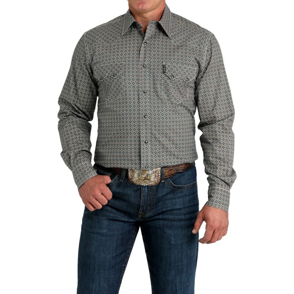 Cinch Men's Modern Fit Grey Geometric L/S Print Snap Shirt