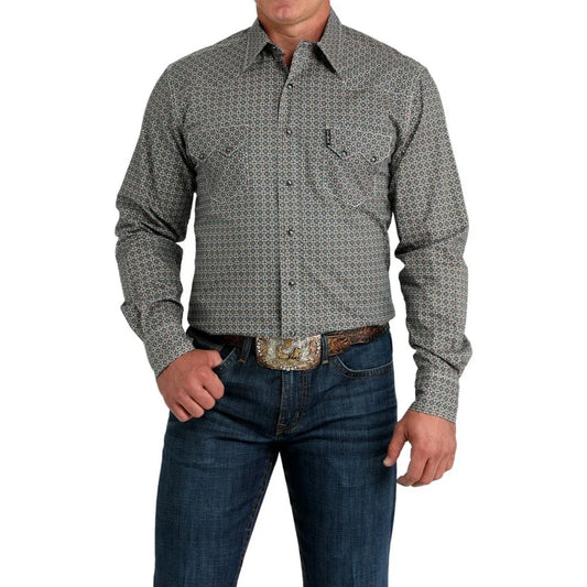 Cinch Men's Modern Fit Grey Geometric L/S Print Snap Shirt