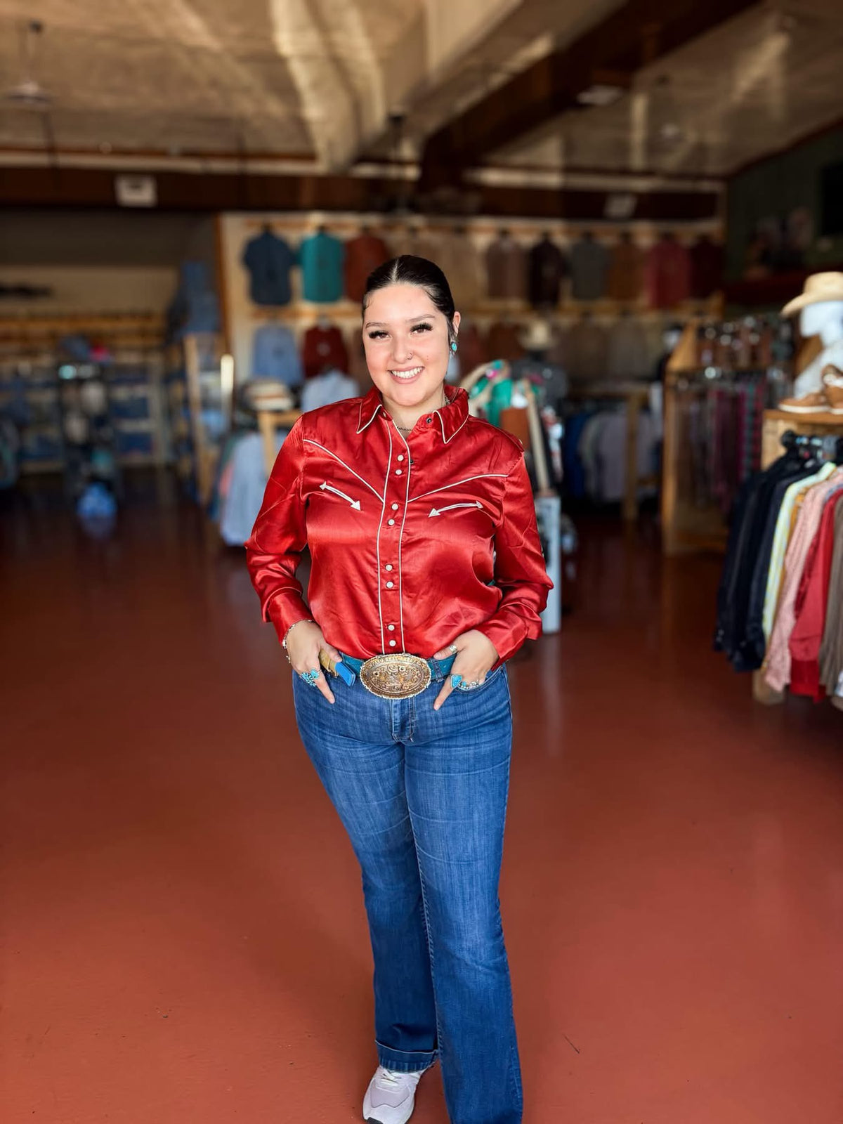 Women's Cruel Denim Long Sleeve Satin Pearl Snap Rust CTW7466011