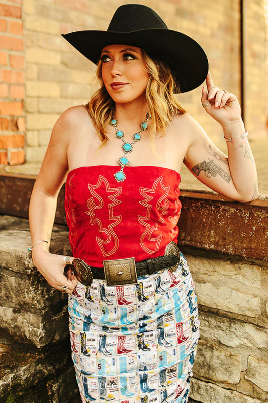 Red Ruby Boot Stitch Suede Corset Top