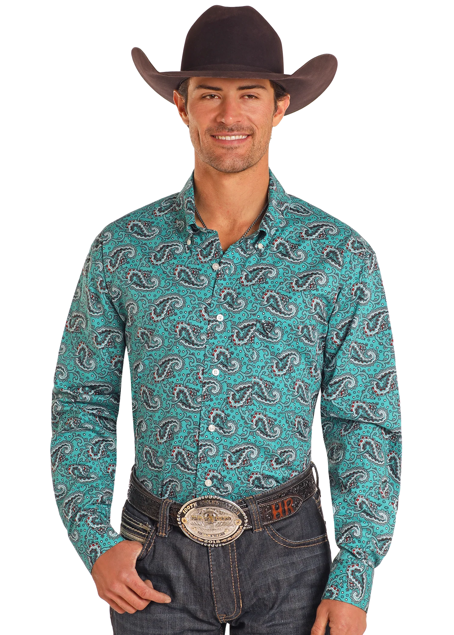 R&R Men’s Teal Paisley L/S Button-up