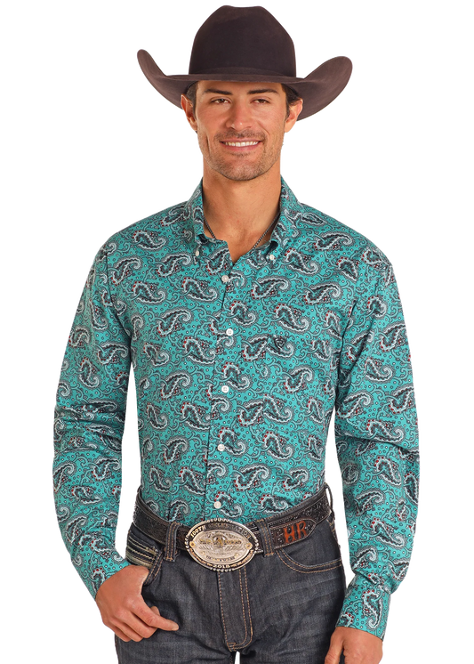 R&R Men’s Teal Paisley L/S Button-up