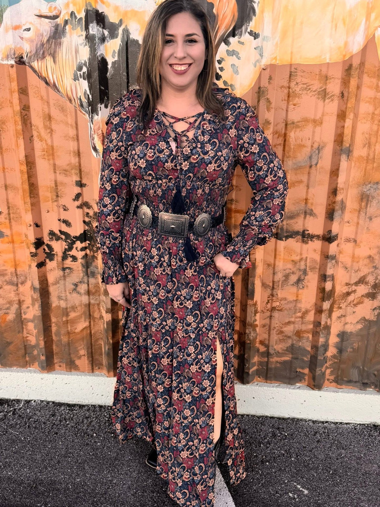 ROCK & ROLL COWGIRL BLACK FLORAL HORSESHOE DRESS BWD2R07785