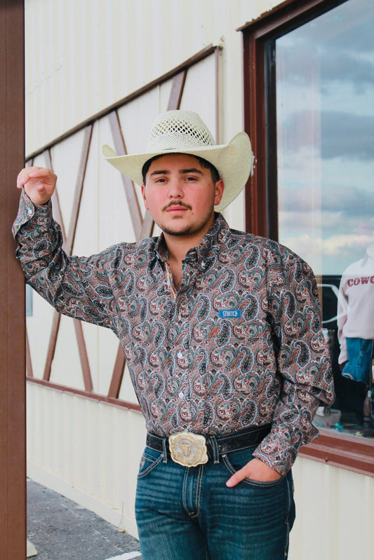 PANHANDLE SLIM MEN'S ROUGH STOCK PAISLEY PRINT LONG SLEEVE SNAP STRETCH WESTERN SHIRT👕