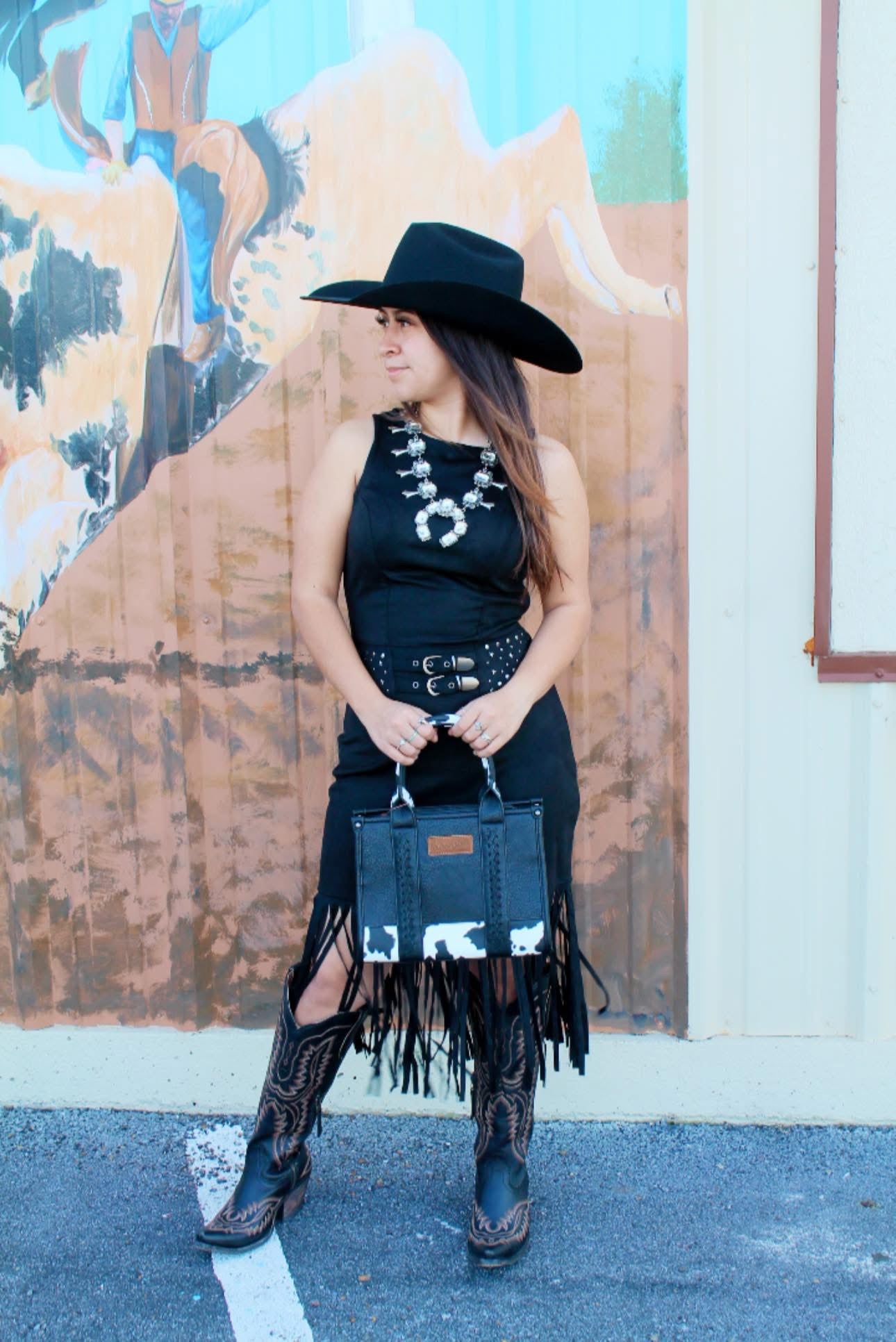 ROCK & ROLL DENIM WOMEN'S FAUX SUEDE FRINGE BELTED SLEEVELESS MIDI DRESS