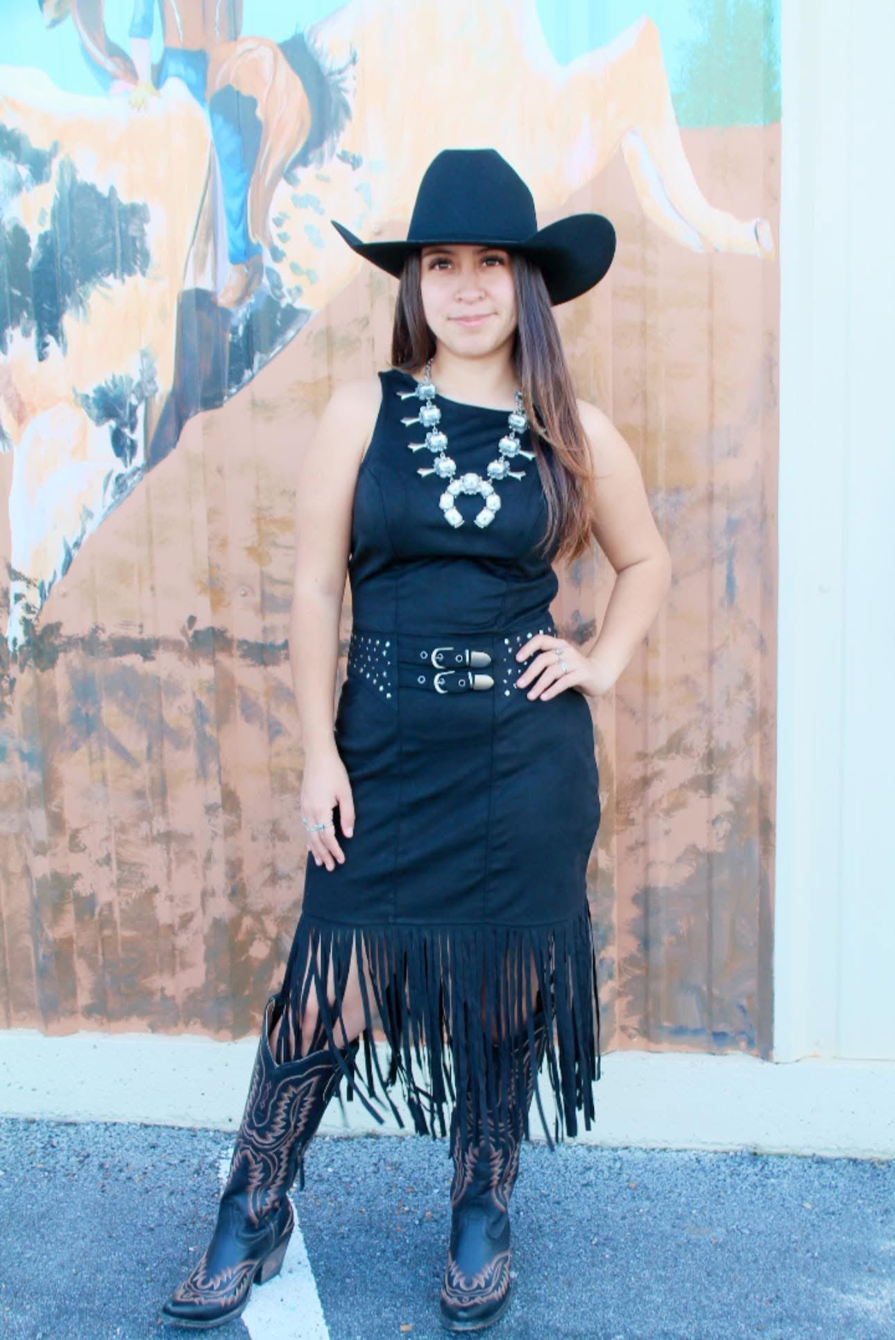 ROCK & ROLL DENIM WOMEN'S FAUX SUEDE FRINGE BELTED SLEEVELESS MIDI DRESS