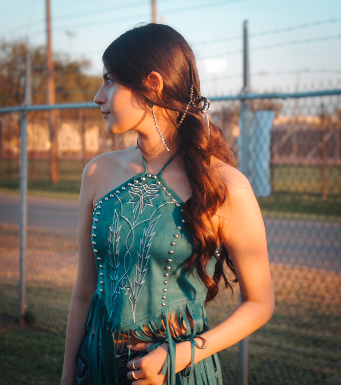 Teal Haltered Fringe Boot Stitch Top