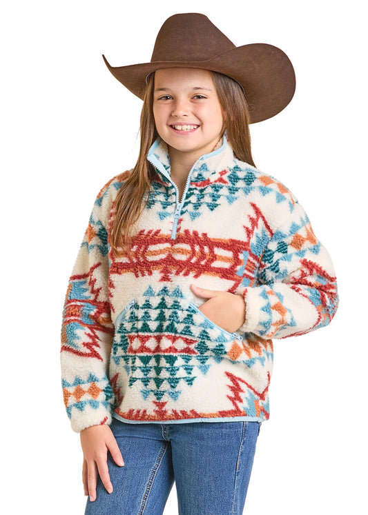 R& R GIRLS' AZTEC SHERPA PULLOVER